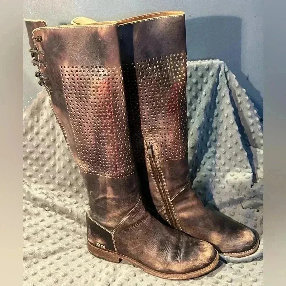 BED STU "Cambridge" Knee High Distressed Perforated Tall Leather BootsSz 9.5